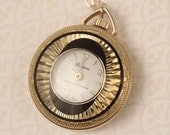 Black and Gold Art Deco Watch Necklace, Long Vintage Pendant, Upcycled Round Geometric Timepiece, Clock