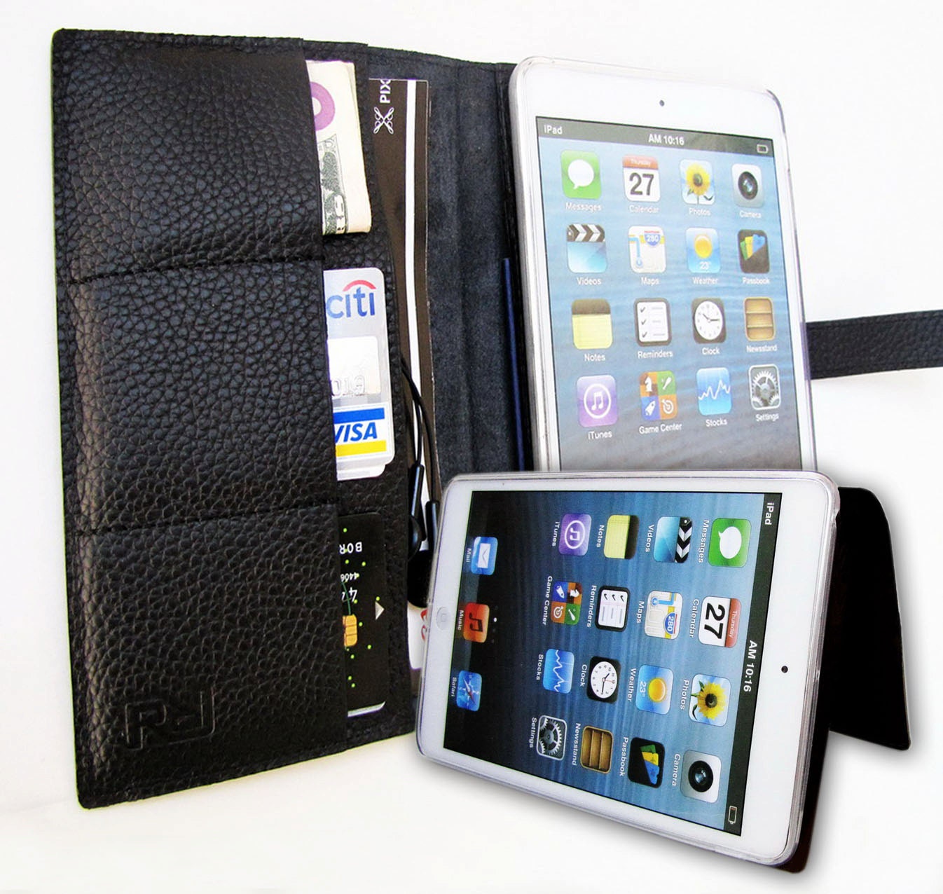 Personalized iPad Mini Portfolio / Case / Sleeve Card case in Premium Selection Midnight Black Italian Calfskin. Handmade. Unique.