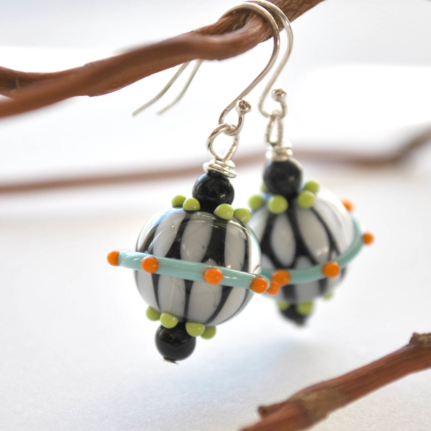 Black Circus Ball Earrings, Colorful Earrings, Lampwork Glass Dangle, Bumpy Glass Earrings