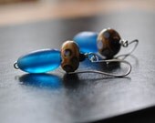 Blue Drop Earrings, Polka Dot Dangle, Lampwork Glass Earrings, Resin Earrings