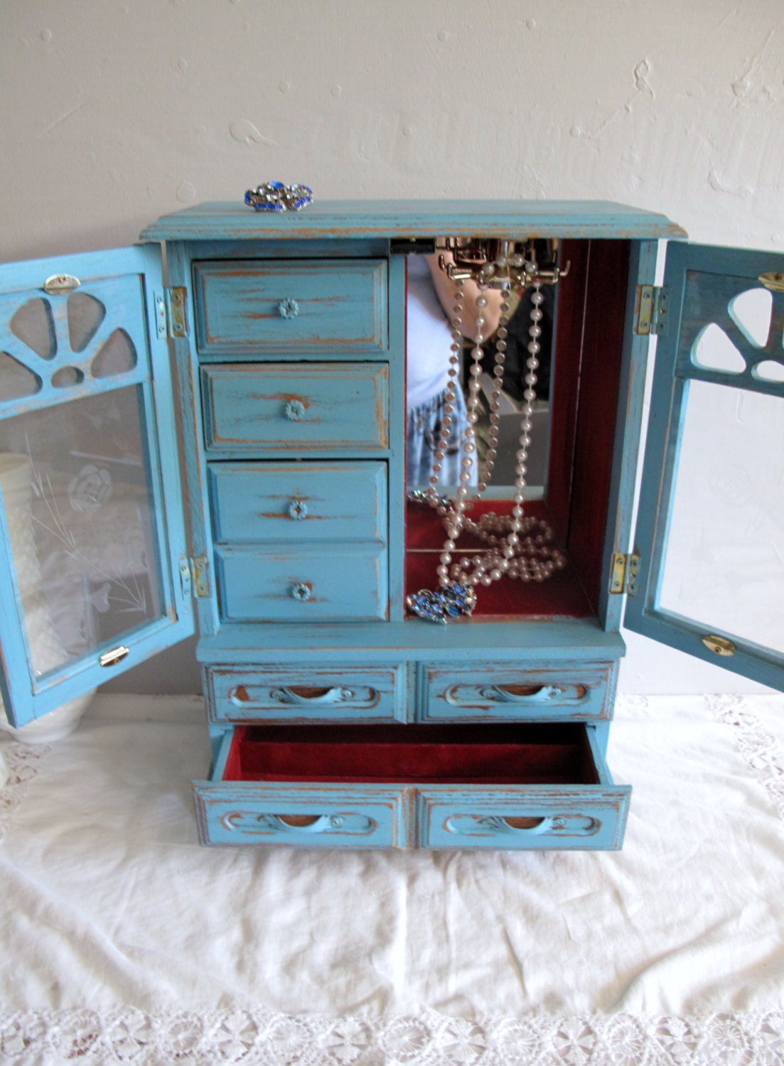 Paris Blue Vintage Wood Jewelry Chest / Large 16" tall  Jewelry Box, Gift, Distressed,  Handfinished in French Blue