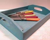Upcycled  12" Wood Serving Tray with Handles, Primitive Country Kitchen, Distressed in Turquoise, Aqua