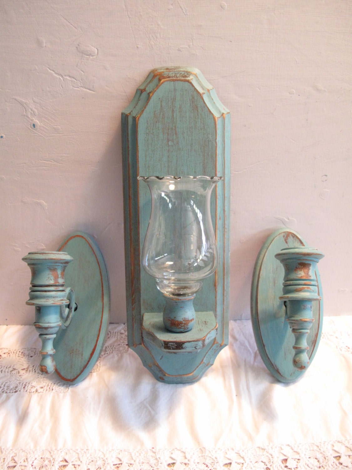 Vintage Wood  Candle sconces,  Distressed ib Florence/Aqua