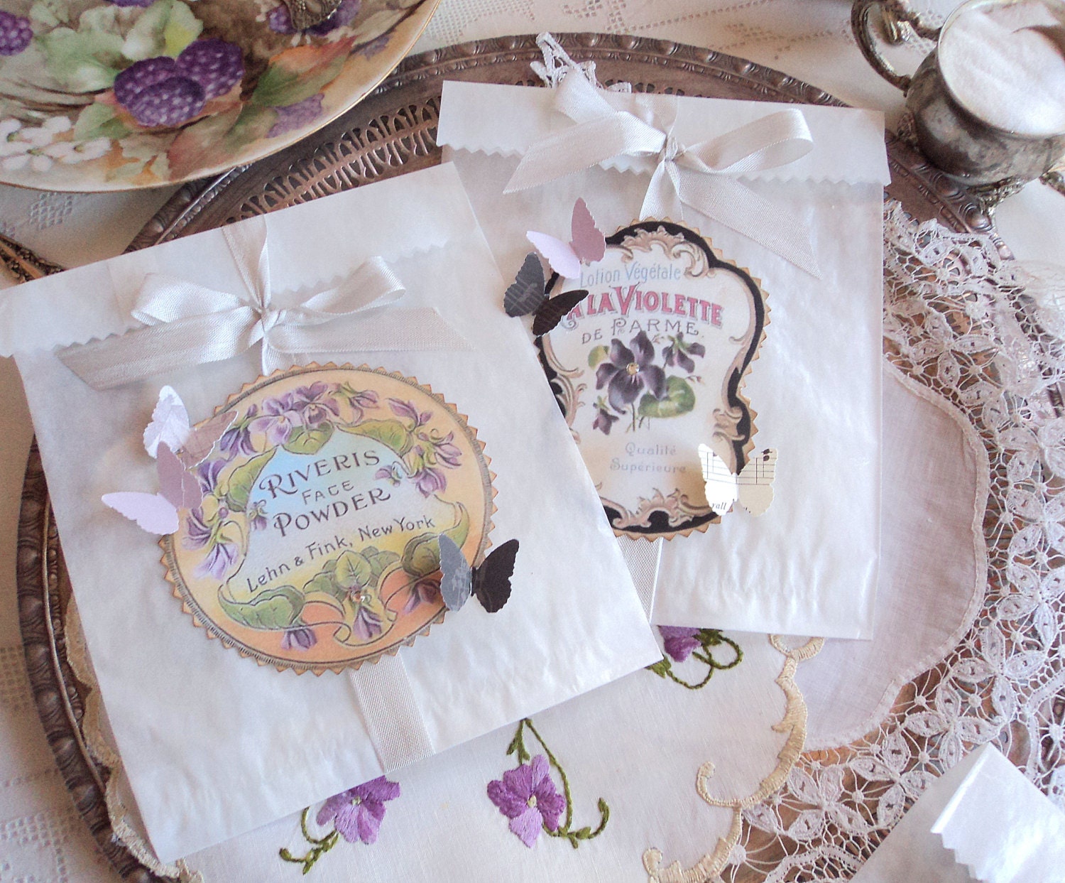 Jolie Violette. Eight Vintage Parfumerie Glassine Favor Bags with Butterflies