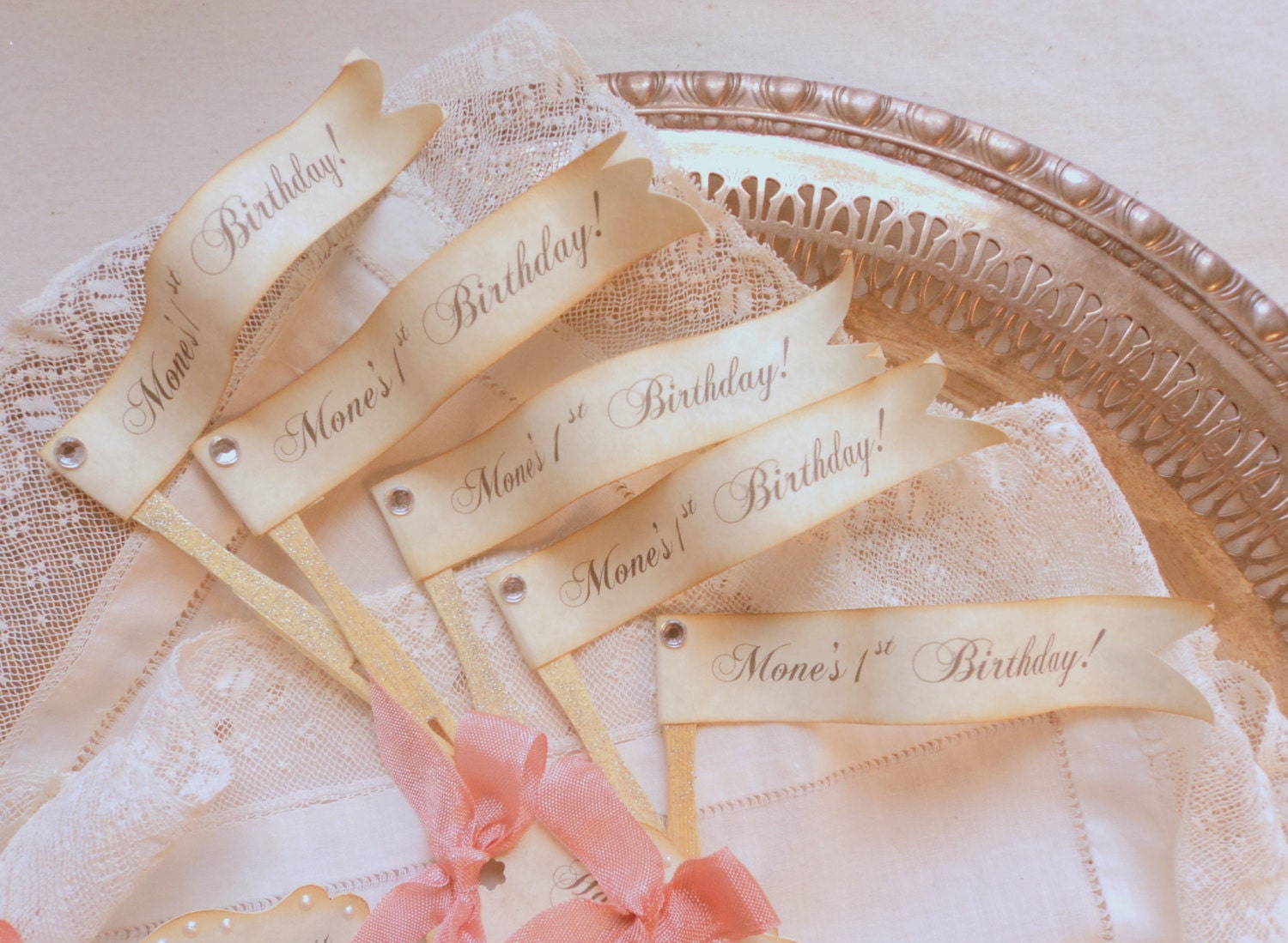 Friendly Flags. Twelve Parchment Flag Cupcake or Appetizer Toppers with Personalized Wording