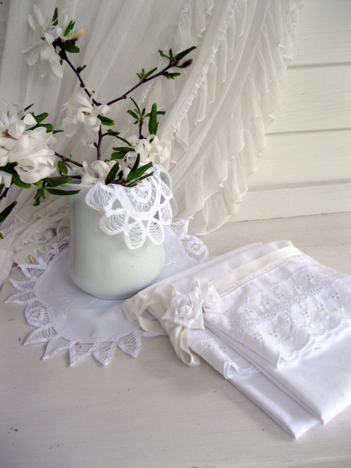 White on White Bedding Set, Pillowcases, Doilies, Battenburg Lace, Eyelet, Cottage Charm, French Country Decor, by mailordervintage on etsy