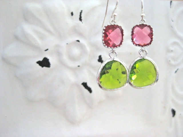 Apple Green Ruby Faceted Glass Dangle Earrings Bride Bridesmaids Wedding Bridal Party