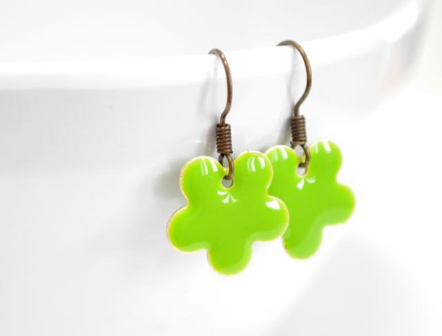 Lime Green Flower Earrings,  Childrens Earrings Teen Neon 80's Minimalist Tween Jewelry, Antiqued Brass Dangle, Spring Fashion Gift For He