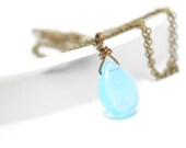 Baby Blue Pendant, Milky Aquamarine Powder Blue Muted Pastel Pale Frosted Necklace, Antiqued Brass Wire Wrapped, Simple, Bridesmaid Gift