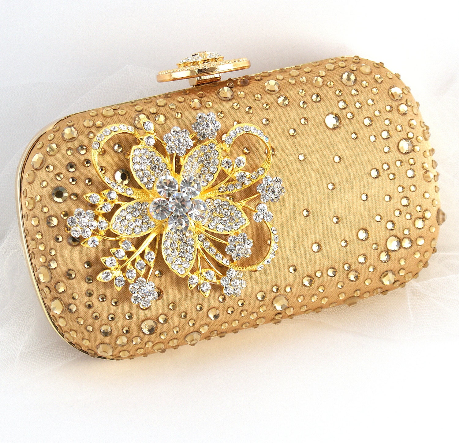 Bridal Clutch - Party Purse Clutch in Gold with Swarovski Crystals and Crystal Brooch