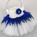 Flower Girl Basket Wedding Basket in White, Royal Blue, Light Grey and Silver with Lace and Feathers