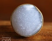 White Agate Druzy Gemstone Ring - Round Cut - Adjustable Ring