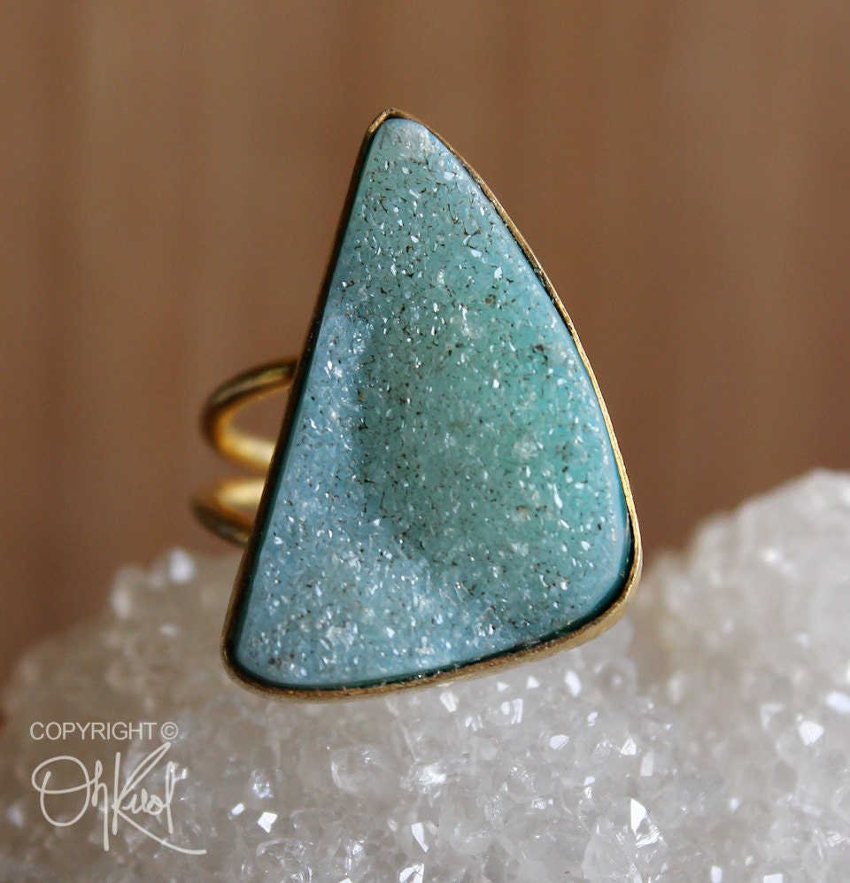 Teal Blue Agate Druzy Adjustable Ring - Gemstone Ring - Aqua Blue