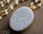 Gold Soft Grey Druzy and White Freshwater Pearl Necklace - Long Necklace - Layering Necklace