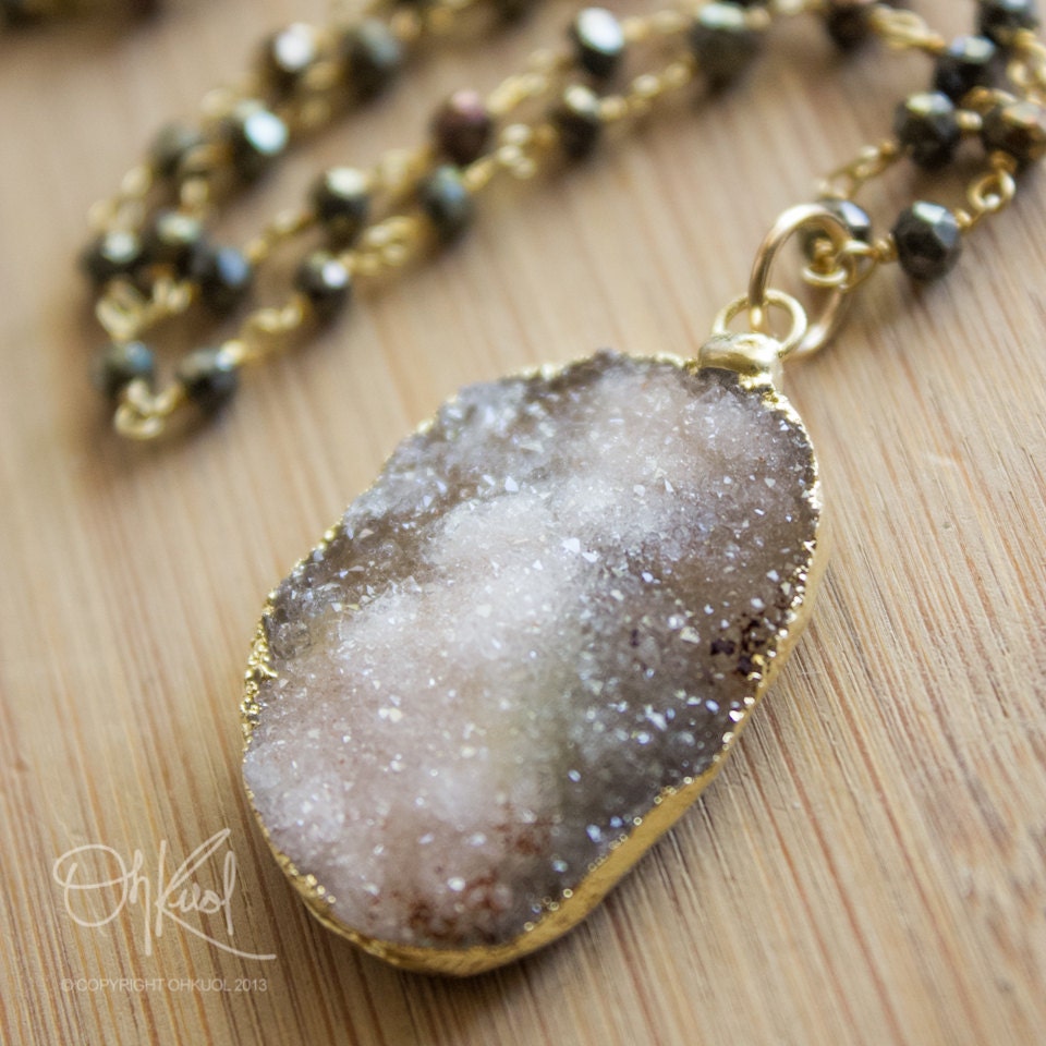 Gold Natural Druzy and Black Pyrite Necklace - Layering Necklace - Long Necklace