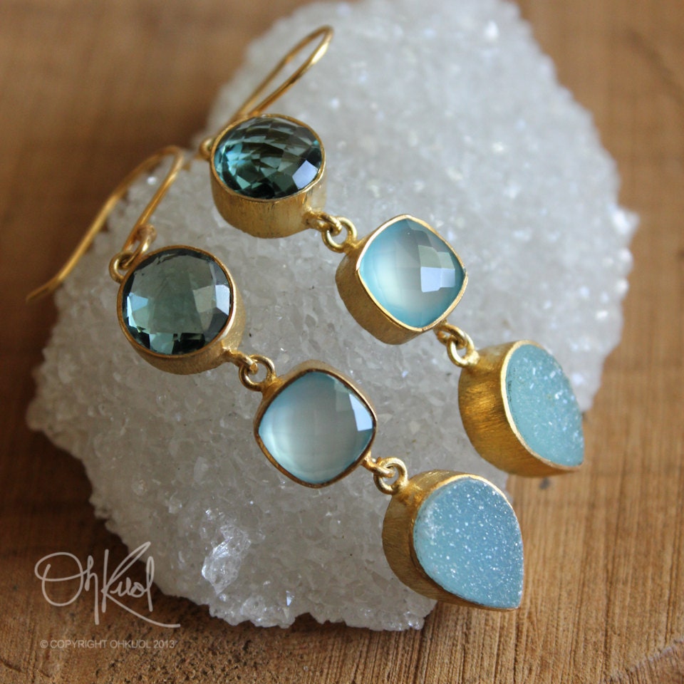 Gold AquaTeal Quartz, Aqua Chalcedony, and Aqua Blue Druzy Earrings - 14K Gold Fill