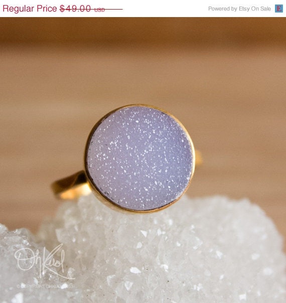 CLEARANCE SALE Gold Lilac Purple Agate Druzy Ring - Size 8 Ring - Round Cut
