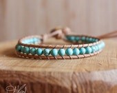 Memorial Day SALE Blue Turquoise Wrap Bracelet - Single Wrap Bracelet - Boho Chic, Four Leaf Clover