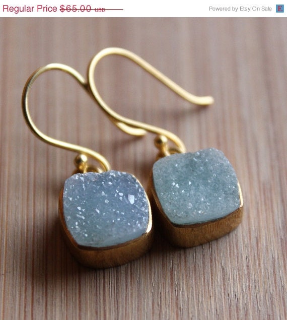 SALE 15 OFF Aqua Blue Druzy Earrings - Cushion Dangles - Gold Plated