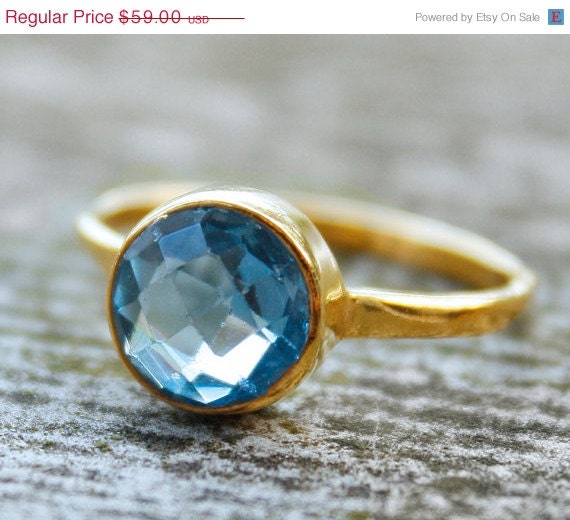 Gold London Blue Quartz Ring - Round Cut - Stacking Ring, December Birthstone