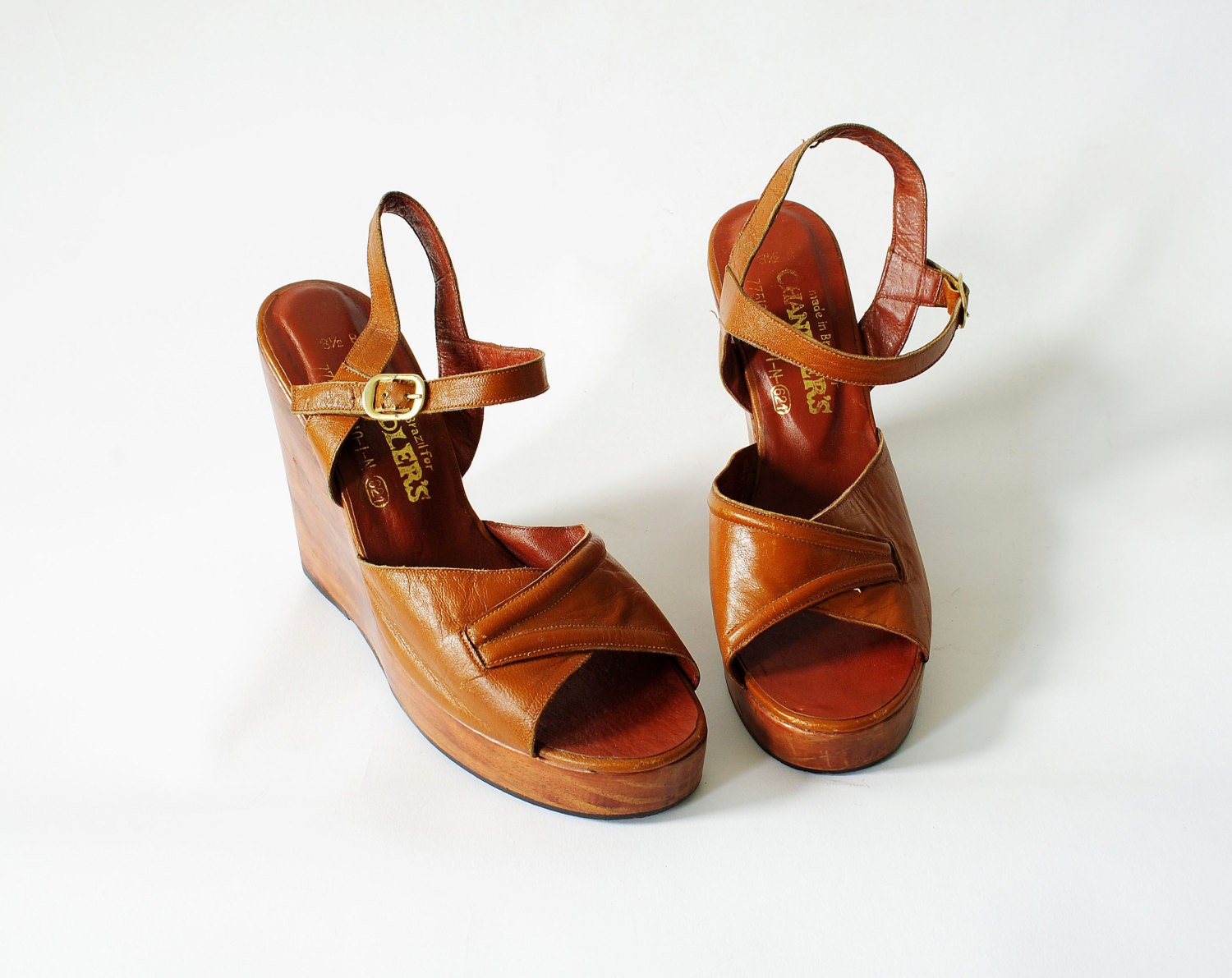 Vintage Wood Wedge Platforms Size 8 Orange Brown Leather 70s