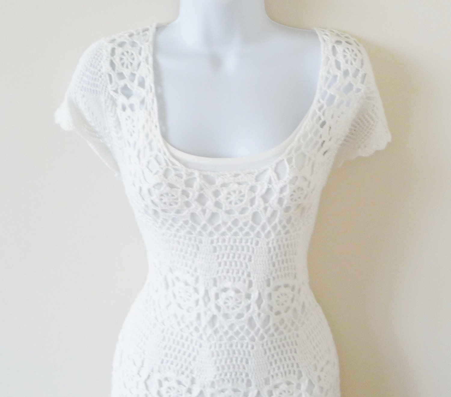 Crochet - Cotton - White - Wedding - Dress - Pullover - Festival - Hippie - 1970s Style - Retro - Girly - Floral - Lace