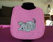 Pink Baby Bib with playful embroidered puppy