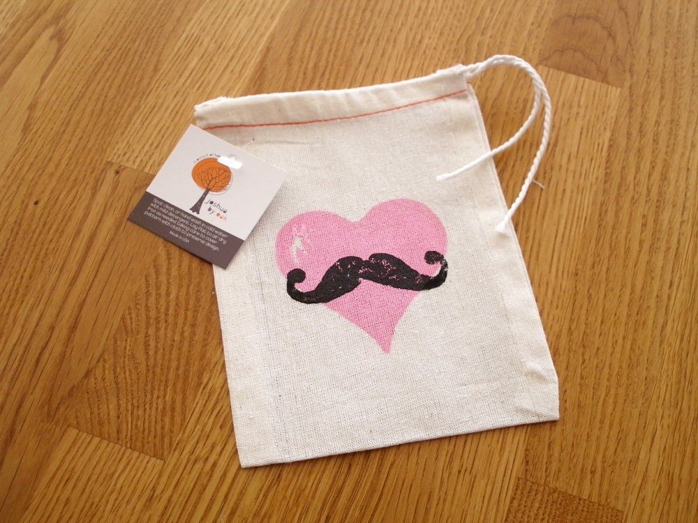 Mustache Love - Hand Stamped Muslin Drawstring Gift Bag