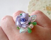 Flower Bouquet Beaded Adjustable Ring - Victorian Lilac Violet Rose and Green Leaves