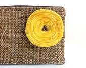 Chocolate Brown Clutch Handbag / Lemon Yellow Satin Flower