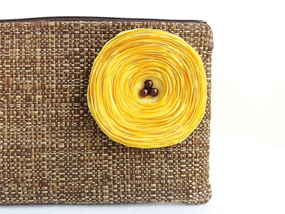 Chocolate Brown Clutch Handbag / Lemon Yellow Satin Flower