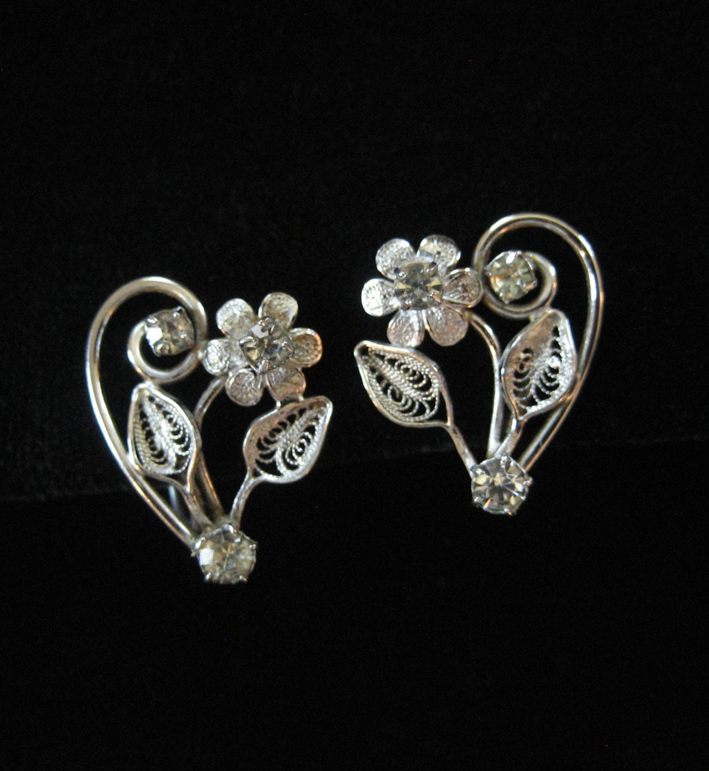 Carl Art Sterling Silver Filigree Earrings with Clear Rhinestones