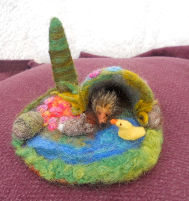 Waldorf  Miniature Play scape Play mat with a cave,fir tree,river,rocks,flowers, a duck,hedgehog and rabbit. Needle Felted Play items