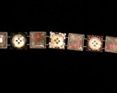 Red, Pink Floral Squares Charm Bracelet, Pearl Button Accents, Antique Gold Finish - FREE SHIPPING