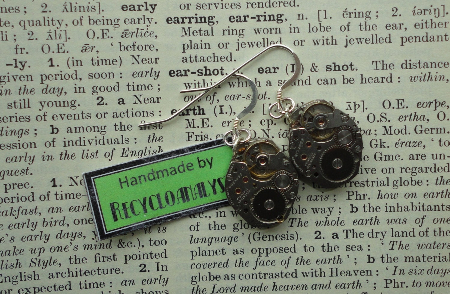Handmade Steampunk Recycled Vintage Watch Movement Earrings with Silver, Eco Friendly Jewellery