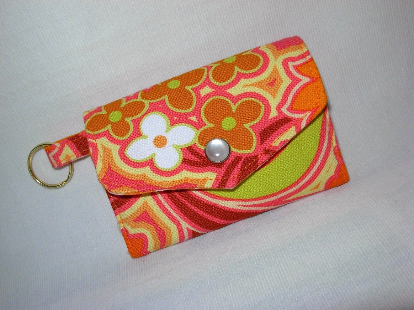 Card Case Key Ring Tri Fold Amy Butler Fabric Tangerine Floral