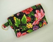 Key Fob Card Case Tri Fold Quilted Fabric Multi Color Floral on Black