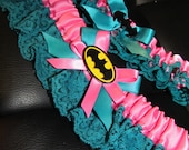 Batman Logo Bride's & Toss Garter set made in CUSTOM COLORS to match your wedding color scheme Geeky Comic Book Superhero Wedding