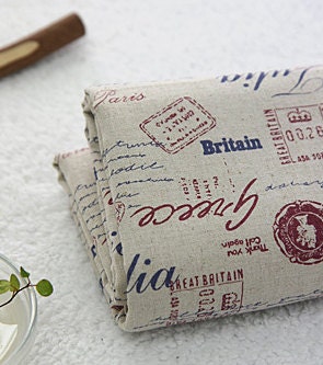 Vintage style of Navy and Wine Stamps on linen blended wide 142cm, U7025