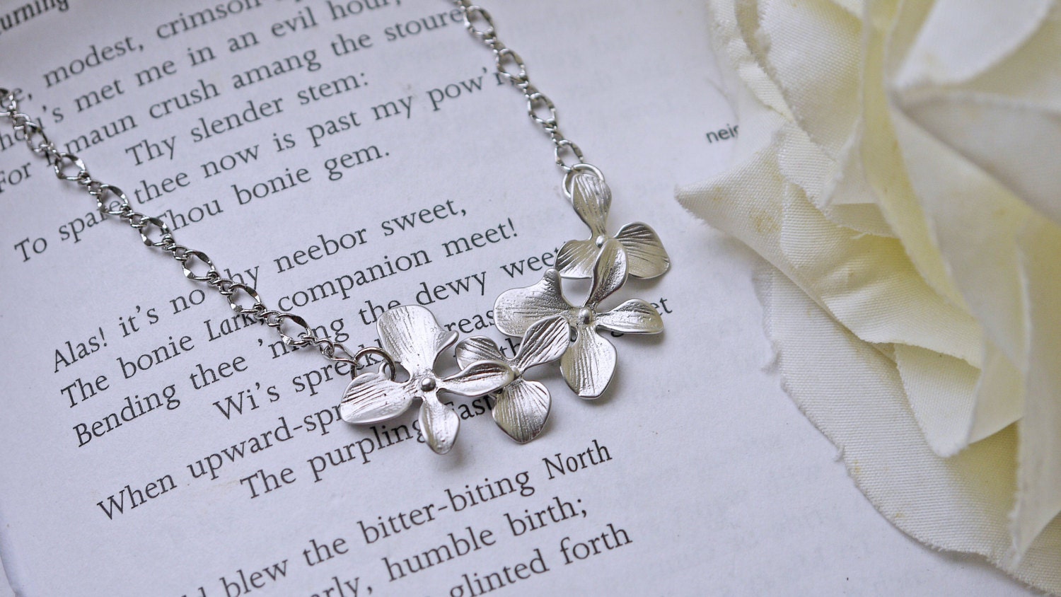Matte Silver Orchid Wedding Necklace. Bridal Jewelry. Mothers Day Jewelry