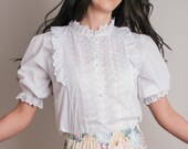 White Eyelet blouse - Vintage Sweet Ruffle Blouse - M - Free Shipping