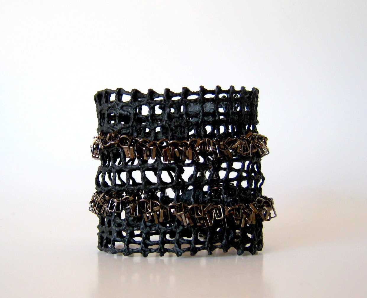 black mesh cuff bracelet with chain - adjustable
