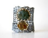 platinum metallic mesh cuff bracelet with labradorite and coin