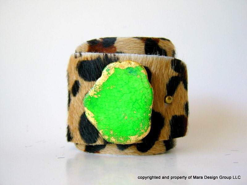 hair on hide cuff bracelet - black and brown leopard with gold gilded magnesite