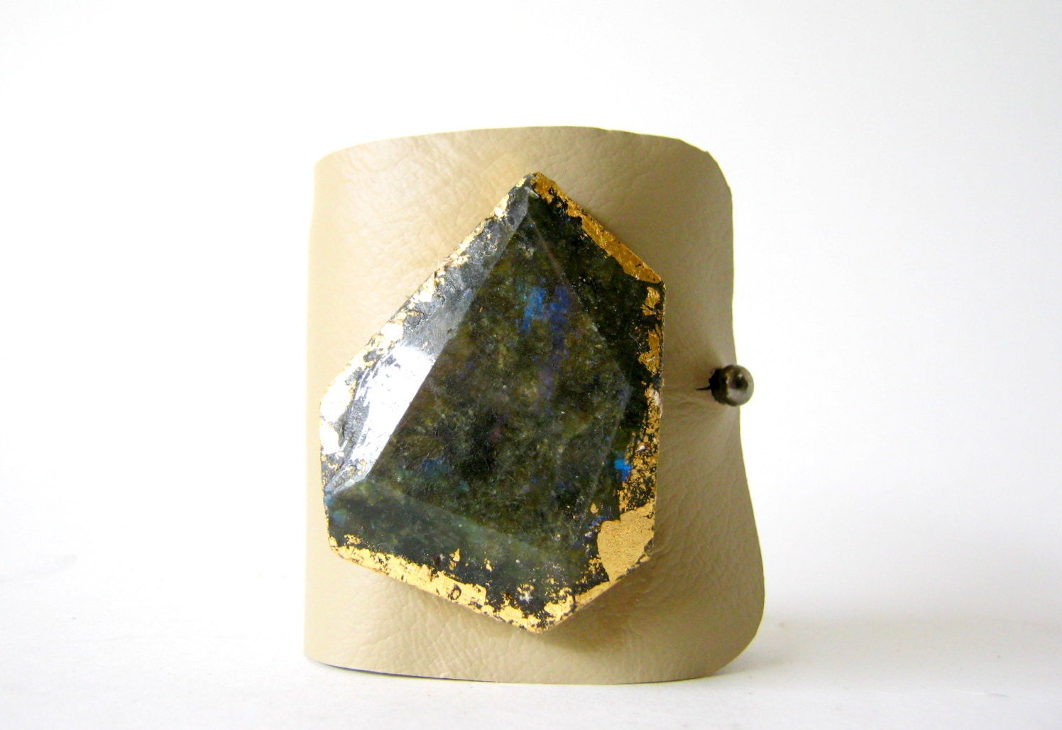 taupe leather cuff bracelet with labradorite - adjustable