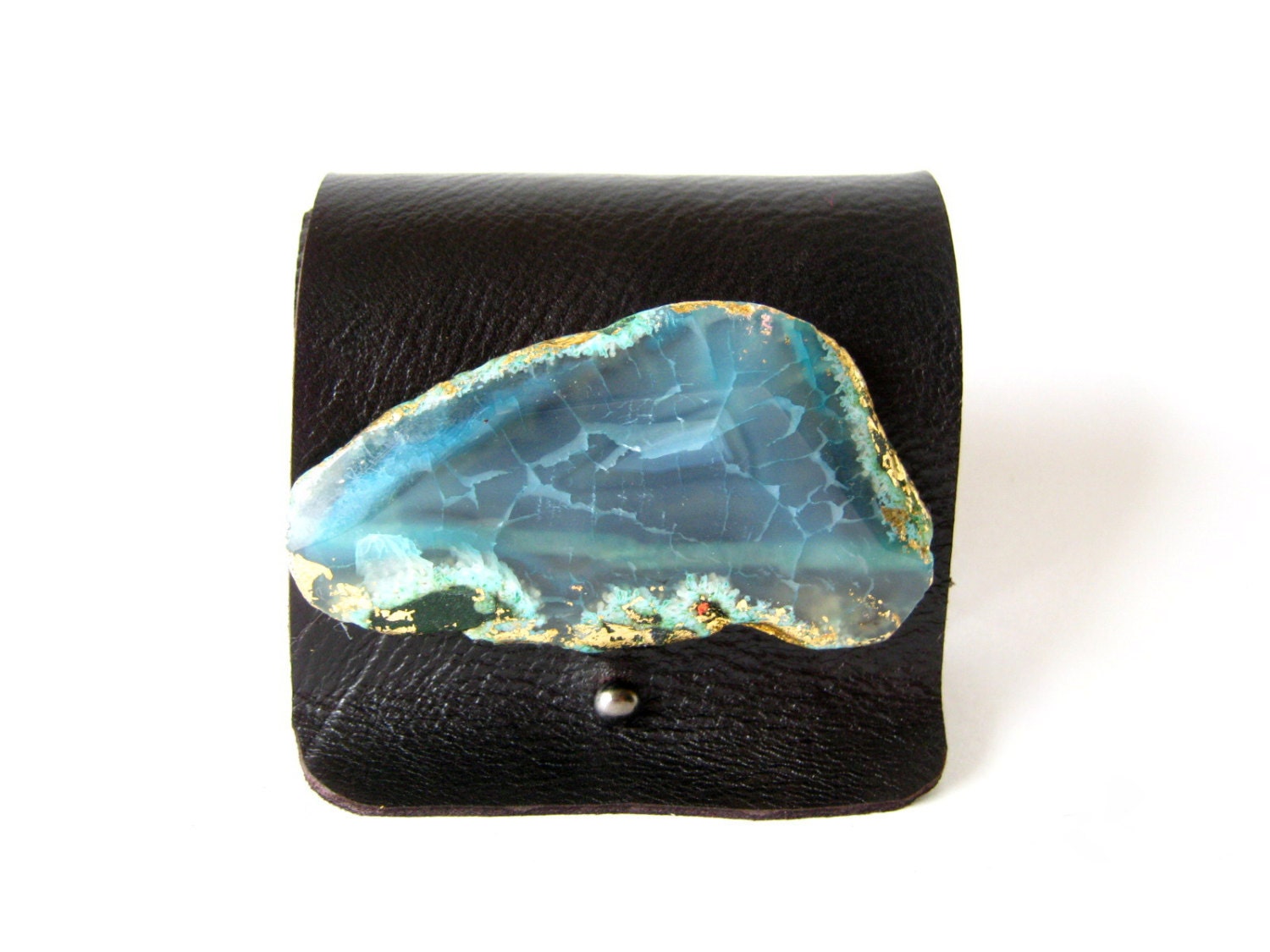 black leather cuff bracelet with teal agate