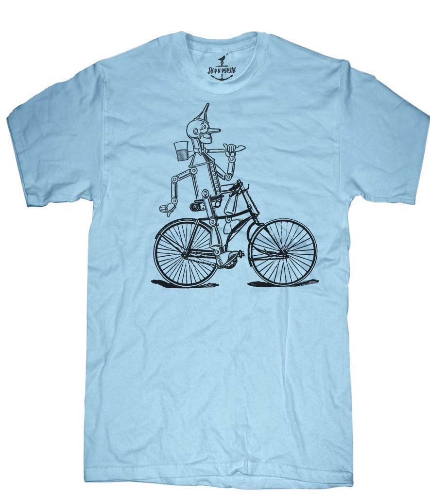 Mens unisex T-shirt --- Wizard of Oz Tin Man on Bike - sizes sm med lg xl xxl 3xl, 4xl, 5xl