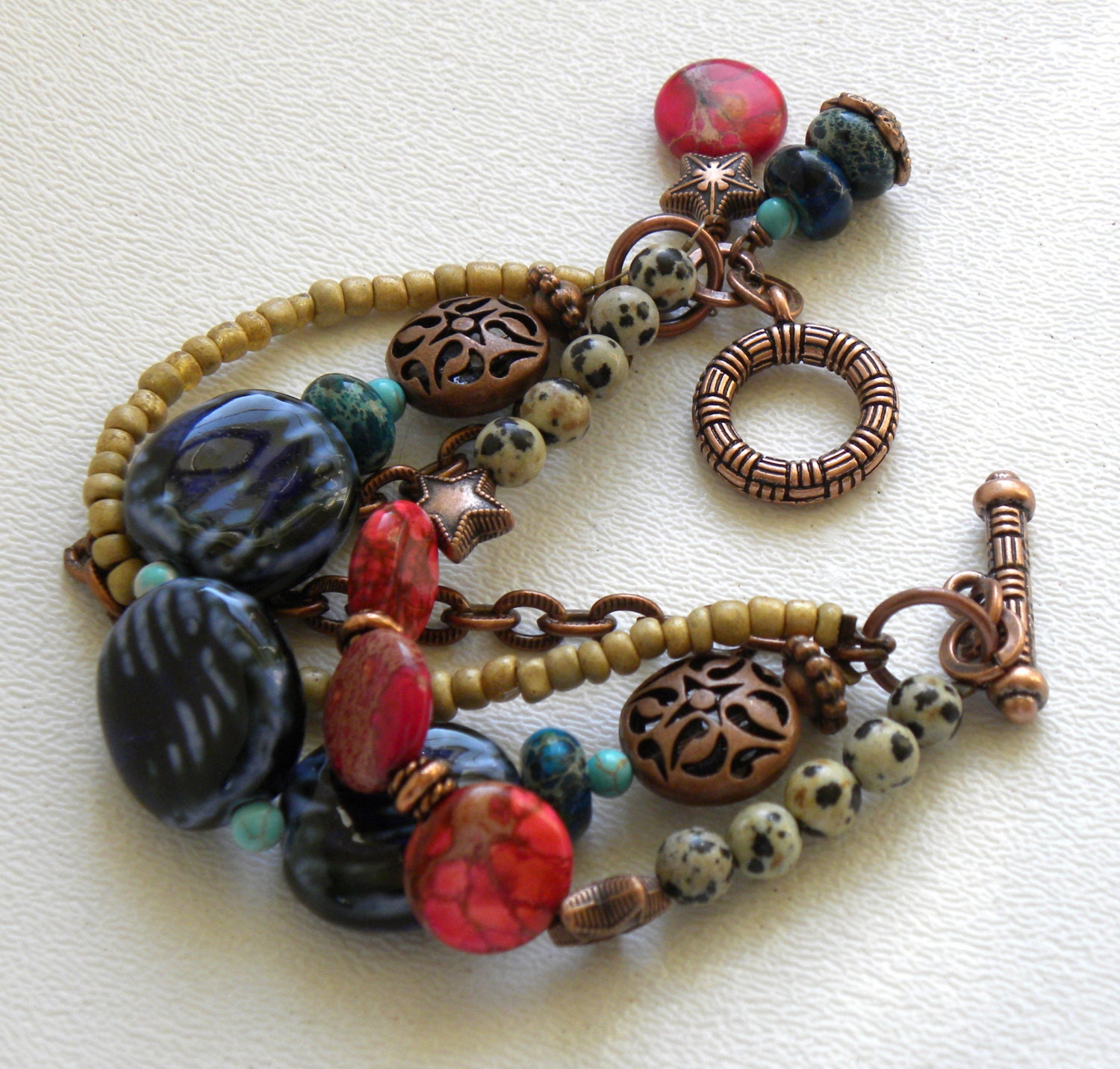 Multi Strand Ceramic Handmade Beaded Bracelet Jasper Gemstone OOAK Jewelry