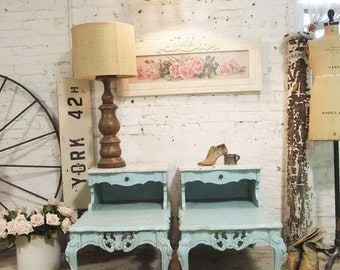 Painted Cottage Chic Shabby Pair of Aqua Romantic French Lamp Tables ENT05