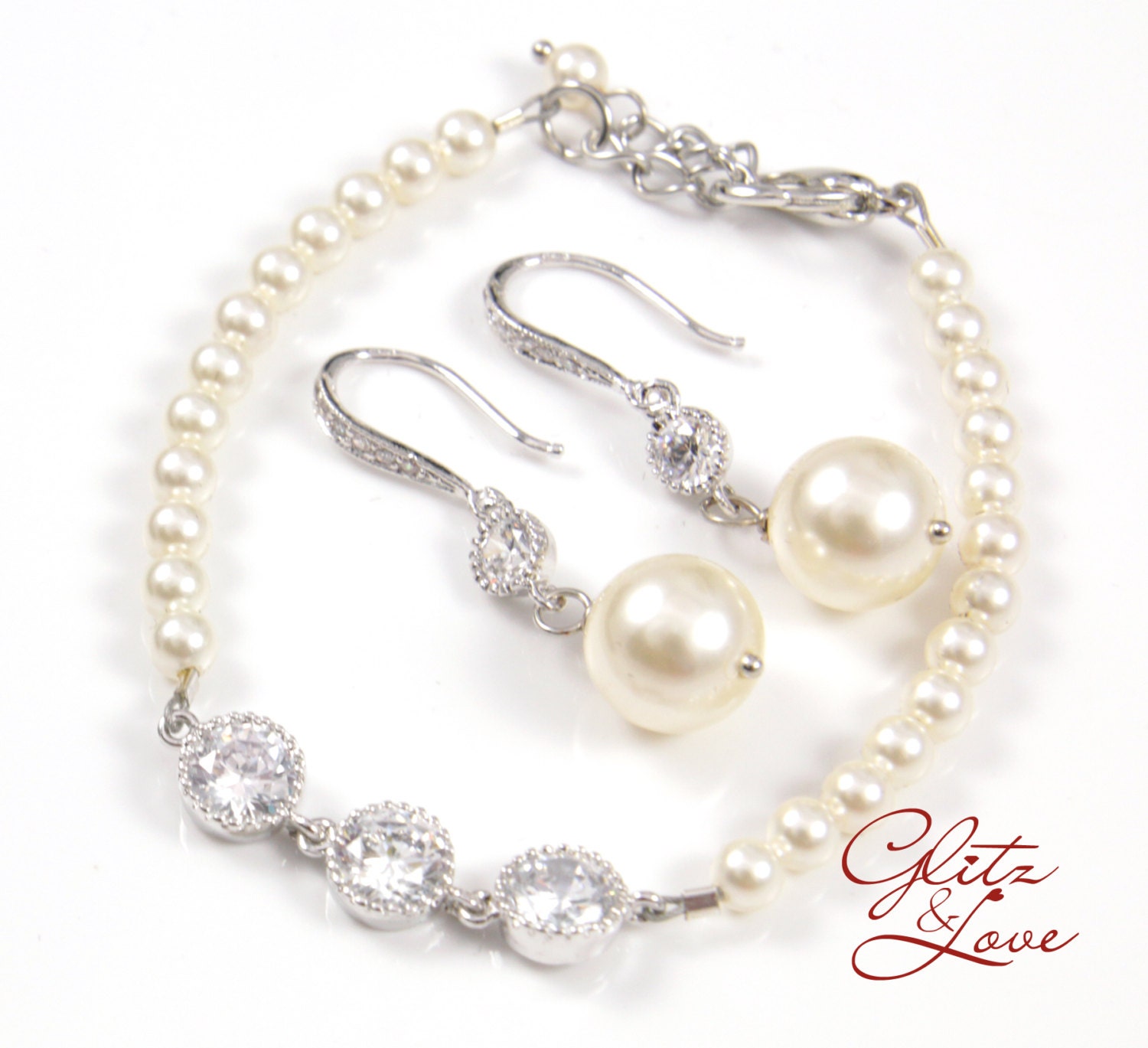 10% OFF Set of (5) - Kathy -  Bracelet and Earrings - Swarovski Cream Pearl Bracelet with Triple Diamonds, Pearl Earrings